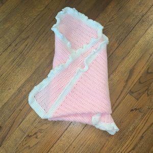 Crocheted-handmade pink and white baby receiving blanket.